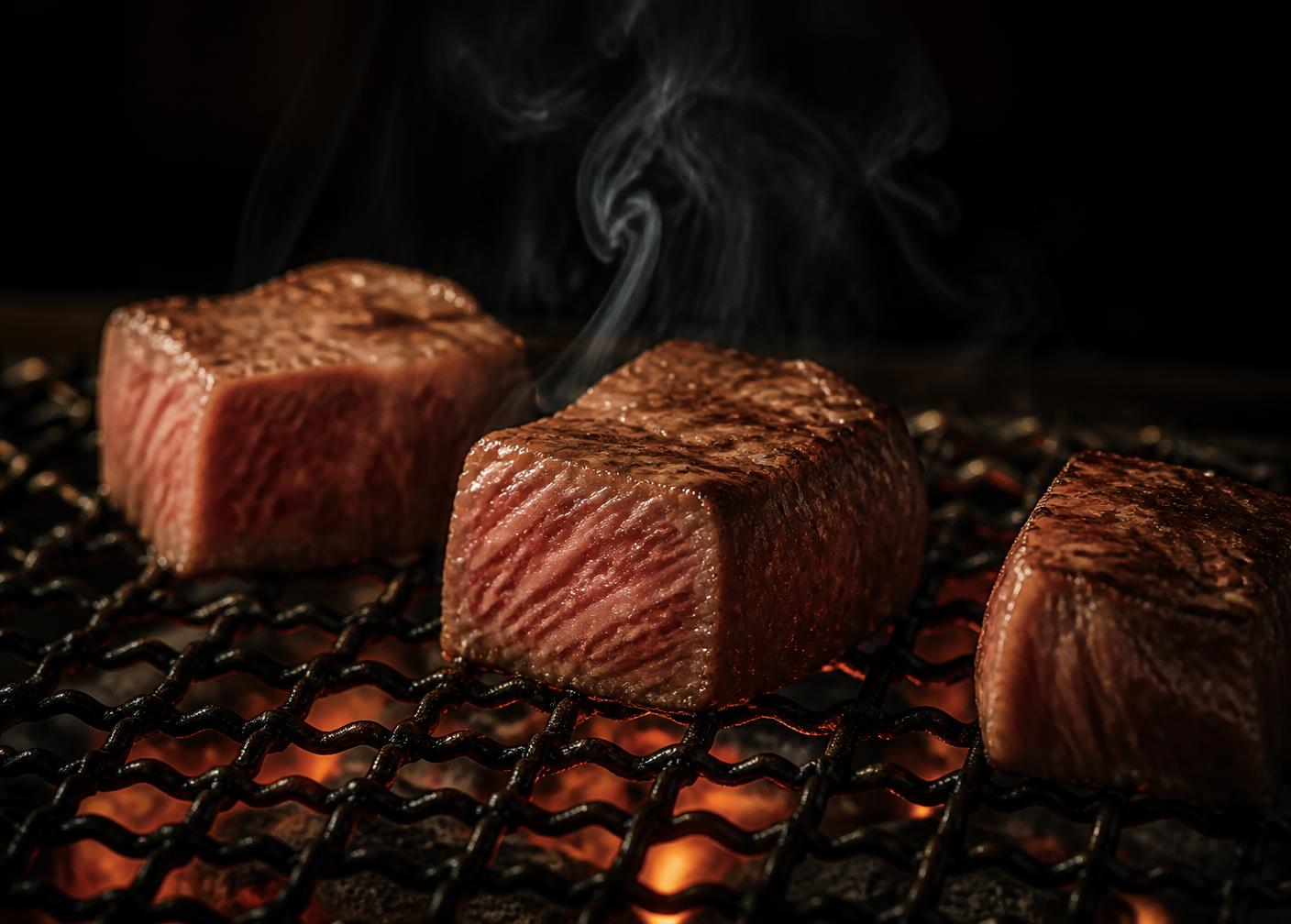 A5 Wagyu grilling at the yakiniku table
